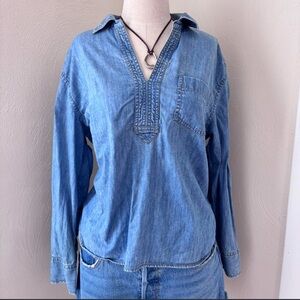 Talbots Cotton Denim Vintage Chic Embroidered Blouse